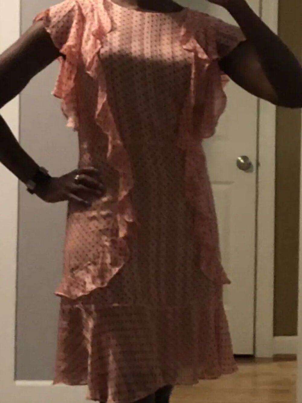 Monique Lhullier Chiffon Mini Dress Pink w/ Red Polka Dots Retro Dainty Ruffles - Picture 10 of 11